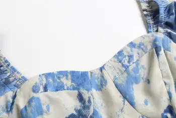 2021 Prancūzija Stiliaus Mėlynas Baltas Kaklaraištis dažų, Spausdinimo Medienos ausis Dirželis Ruffles Hem Midi Suknelė Retro Seksuali Moteris Elastingos Plonas Diržas Arbata Suknelė