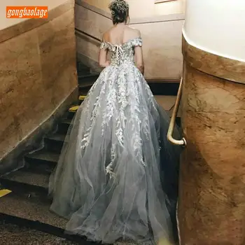 Elegantiškas Pilkos spalvos Prom Dresses Dramblio kaulo Nėrinių Appliqued vestido 2020 vestidos de fiesta largos elegantes de gala Individualų Oficialų Suknelė