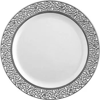 Plastikiniai Šalies Plokštės Baltas su Juoda Nėrinių Design Premium Sunkiųjų Vienkartiniai Vakarienė Plokštės, salotos, Desertas plokštės šalis