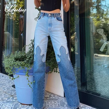 Weekeep Derliaus Liepsna Spausdinti Streetwear Džinsai Moterims Aukšto Juosmens Medvilnės Tiesiai korėjos Slim Ilgos Kelnės Harajuku Džinsinio audinio Kelnės 90s