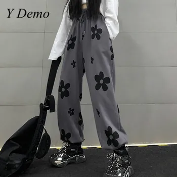 Y Demo Harajuku Streetwear Atsitiktinis Gėlių Kelnės Moterims Aukšto Juosmens Elastinga Haremo Kelnės Moterų 2020 M.